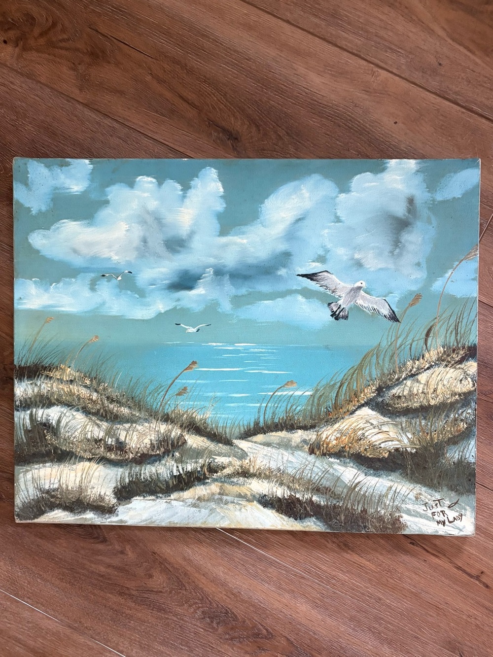 Vintage Original Coastal Seascape Painting Seagulls Beach Dunes Signed Art